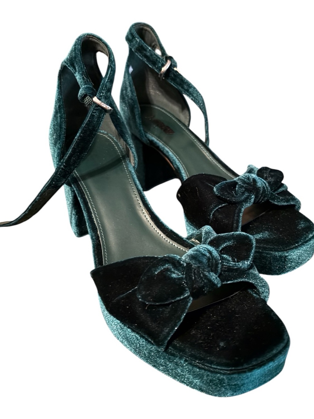 J. Crew Teal Velvet Bow Platform Heels